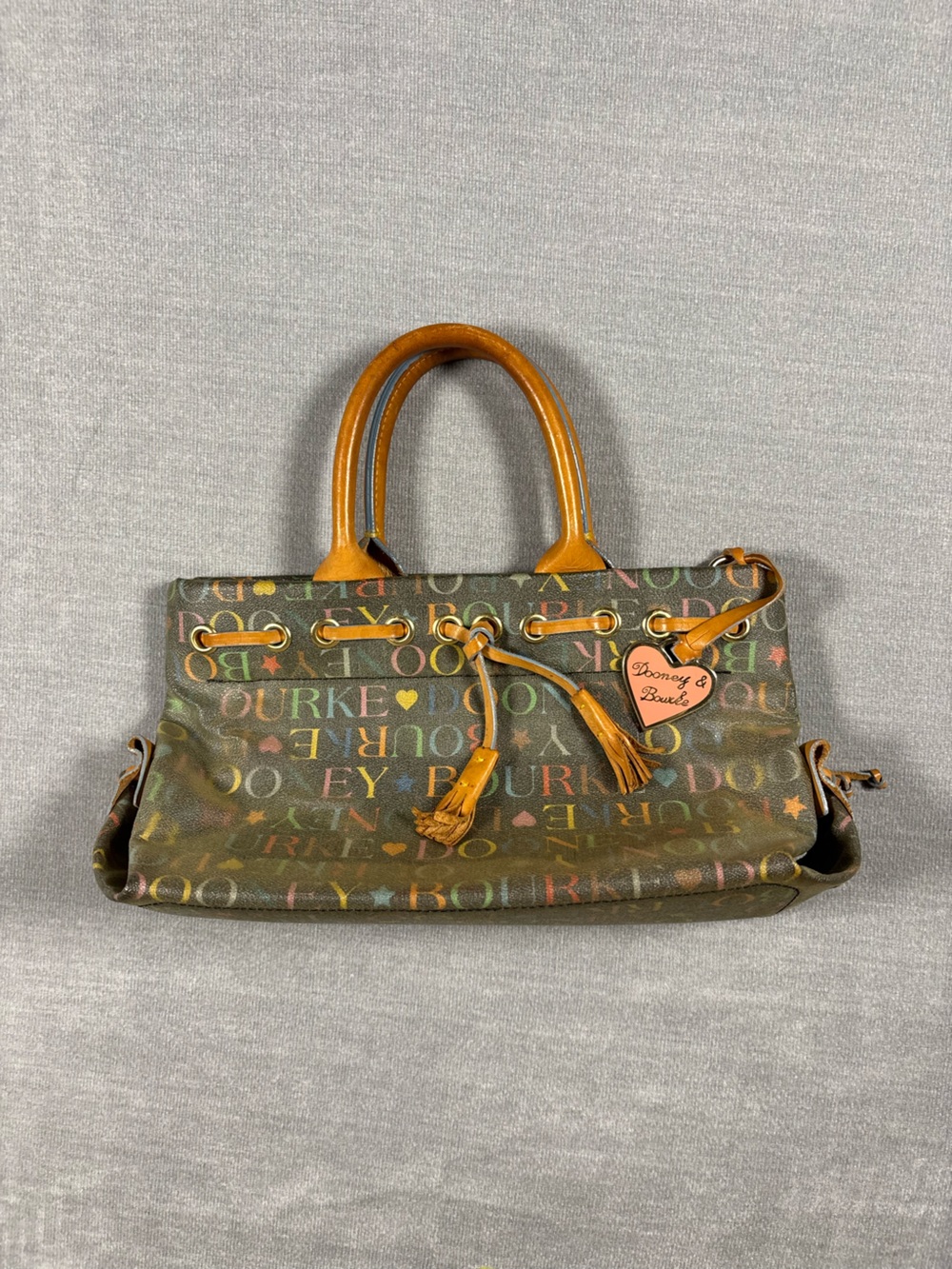 Dooney & Bourke Authentic Multicolor Logo Satchel with Tan Leather Handles